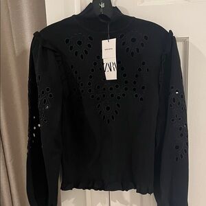 Zara Black Eyelet Cutout Long Sleeve Sweater
